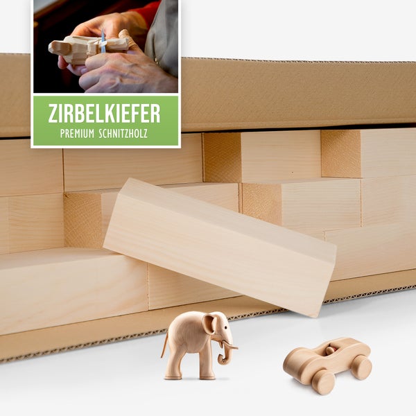 Zirbelkiefer Premium Schnitzholz Set mit Holzelementen, einem Holzelefanten und einem Holzauto