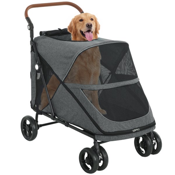 Grauer Hundebuggy mit braunem Schiebegriff, Netzeinsätzen und vier Rollen, mit einem großen Hund im Inneren.