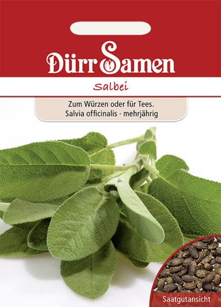 Samentüte für mehrjährigen Salbei von Dürr Samen mit Abbildung von Salbeiblättern und einer Detailansicht der Samen. Dürr Samen Logo.