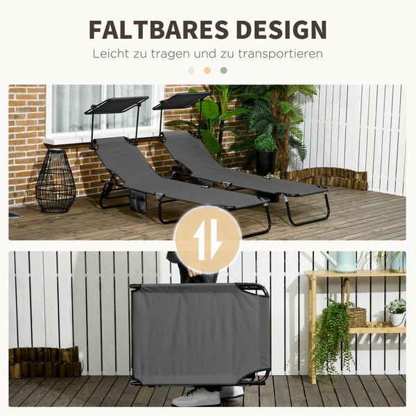 Zwei klappbare Gartenliegen mit verstellbarem Sonnendach auf einer Holzterrasse sowie eine Darstellung des platzsparenden, faltbaren Designs.