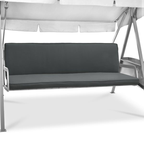 Hollywoodschaukel mit Metallgestell, Polsterauflage, verstellbarem Sonnendach und seitlicher Ablage.