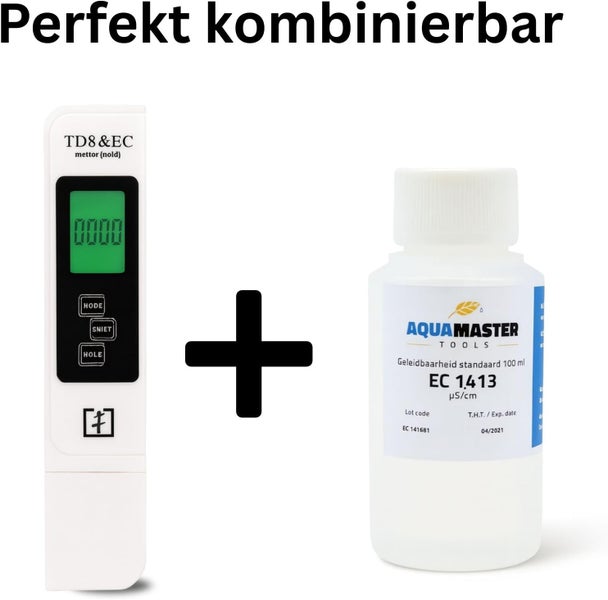 Digitales TDS und EC Messgerät kombiniert mit Aqua Master Tools Kalibrierflüssigkeit EC 1,413 für genaue Leitfähigkeitsmessungen.