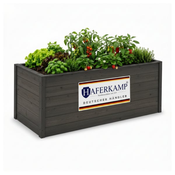 Haferkamp Hochbeet aus Holz, bepflanzt mit Gemüse und Kräutern.