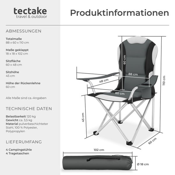Produktinformationen zu vier Campingstühlen mit Tragetaschen von tectake mit Maßangaben