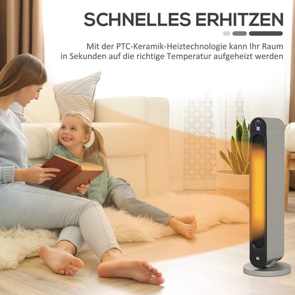 Frau und Kind lesen in einem hellen Wohnzimmer auf einem Teppich, während ein Keramik-Turmheizgerät mit PTC-Technologie den Raum schnell erwärmt.