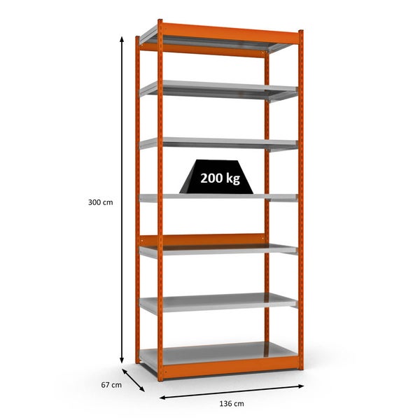 PROREGAL Fachbodenregal Stecksystem Vierkant-Profil Grundregal HxBxT 300 x 132,5 x 60 cm 7 Ebenen Einseitige Bauart Fachlast 200 kg Orange