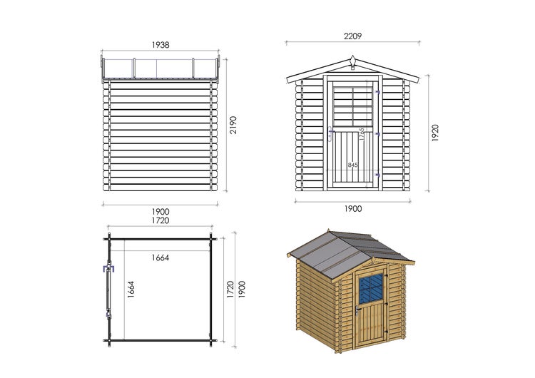 Gartenhaus, Gerätehaus 3,61m2 - 1,90x1,90m - 28mm