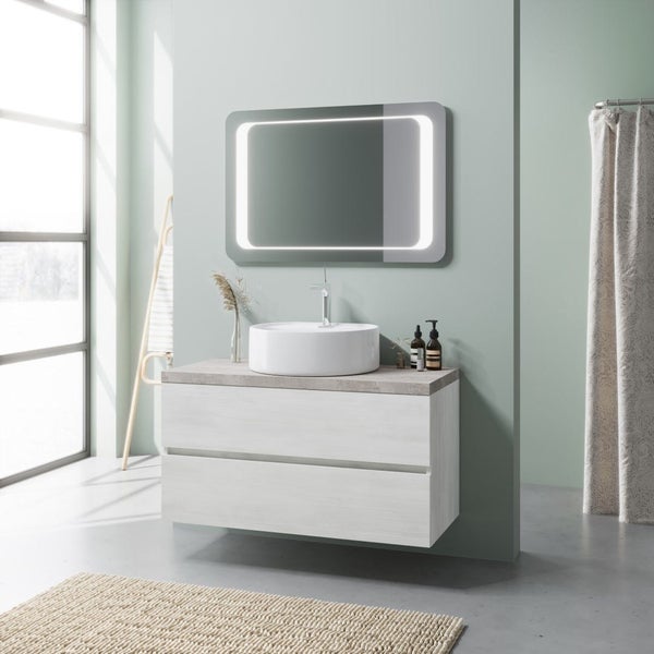 Modernes Badezimmer-Set mit hängendem Waschtischunterschrank in heller Holzoptik, zwei Schubladen, weißem Aufsatzbecken und LED-Spiegel.