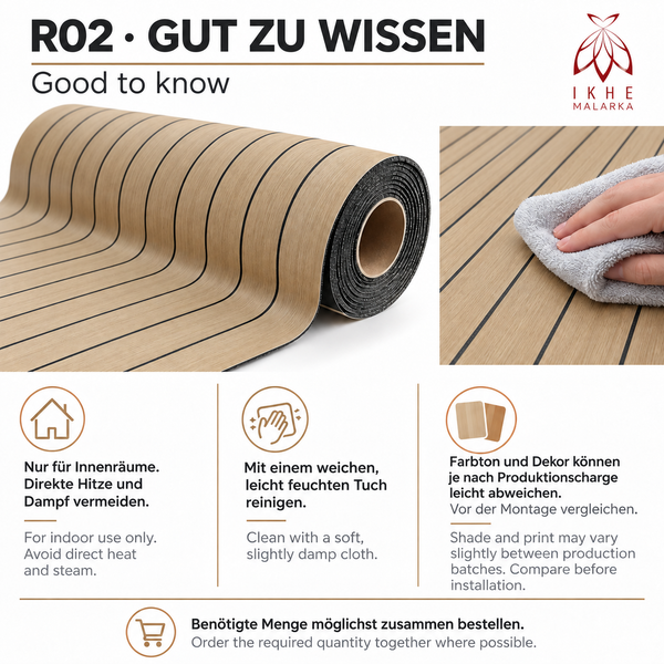 Infografik zur Anwendung und Pflege von Vinylboden in Holzoptik mit Ratschlägen zur Reinigung, Installation und Lagerverfügbarkeit.