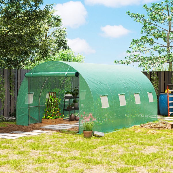 Outsunny Gewächshaus Foliengewächshaus mit 8 Fenster, Rolltür, Aufrollbar Seitenwänden, UV-beständiger Folientunnel, Winterfest Tomatenhaus mit Erdanker, Grün