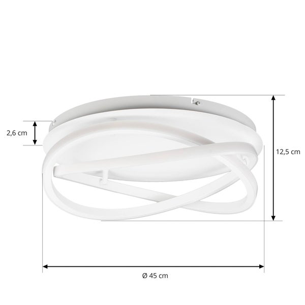 Weiße LED-Deckenleuchte mit verschlungenen Ringen. Maße: Durchmesser 45 Zentimeter, Höhe 12,5 Zentimeter, Sockelhöhe 2,6 Zentimeter.