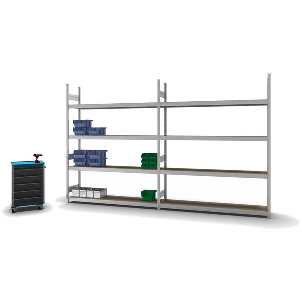 PROREGAL Weitspannregal Stecksystem T-Profil Grundregal HxBxT 250x200x40 cm 4 Ebenen Spanplatten Fachboden Fachlast 350 kg Verzinkt