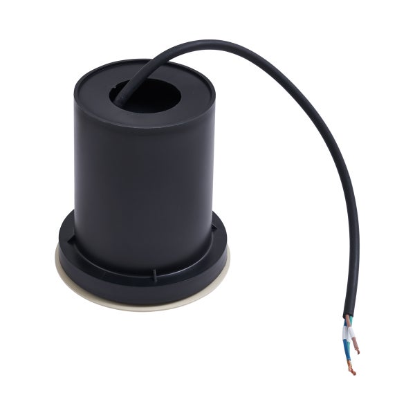 Schwarzes Gehäuse für Einbaustrahler aus Kunststoff mit Anschlusskabel.