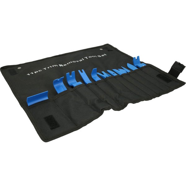 Elf-teiliges Werkzeugset zur Demontage von Verkleidungen in einer schwarzen Stofftasche