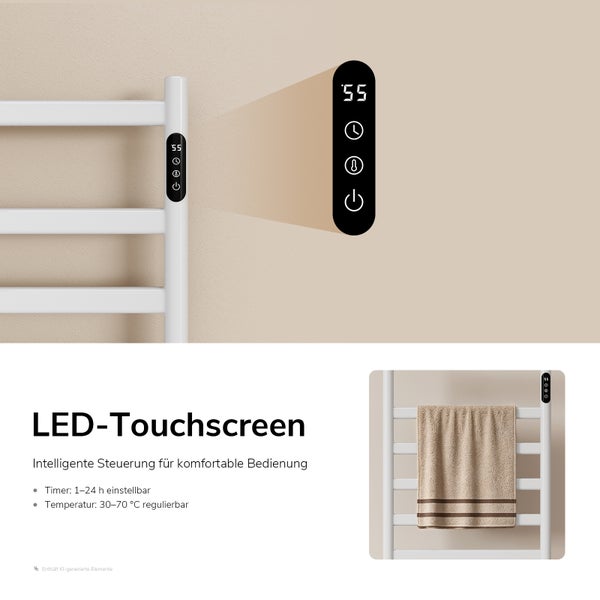 Elektrischer Handtuchheizkörper mit LED Touchscreen Steuerung, einstellbarer Timer und Temperaturregelung für das Badezimmer.