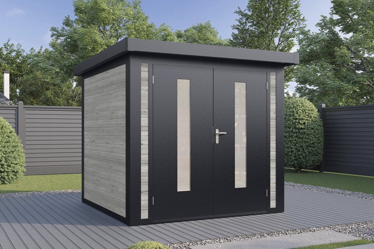 Modernes Gartenhaus mit Pultdach, Doppeltüren mit Glaseinsätzen und Holzwandverkleidung im Garten auf einer Terrasse.