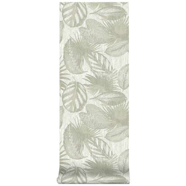 Vliestapete mit tropischem Blättermuster, Palmenblätter und Monstera, strukturierte Oberfläche.