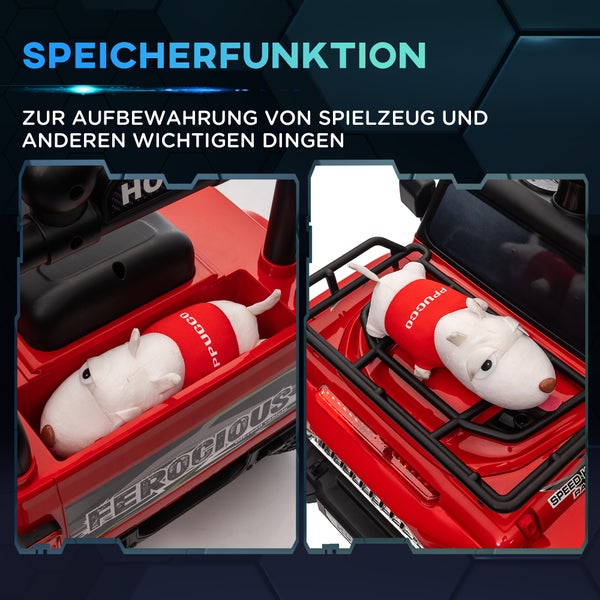 HOMCOM Elektro Kinderauto mit Musikanschluss, Stauraum, Scheinwerfer, Hupe, 3 km/h, für Kinder 3-5 Jahre, 82L x 48B x 56H cm, Kunststoff, Metall, Rot