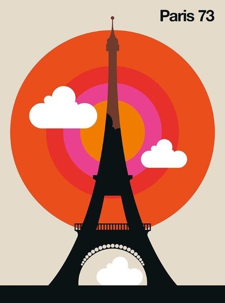 Grafisches Poster mit dem Eiffelturm, Retrostil mit konzentrischen Kreisen, Wolken und der Aufschrift Paris 73.