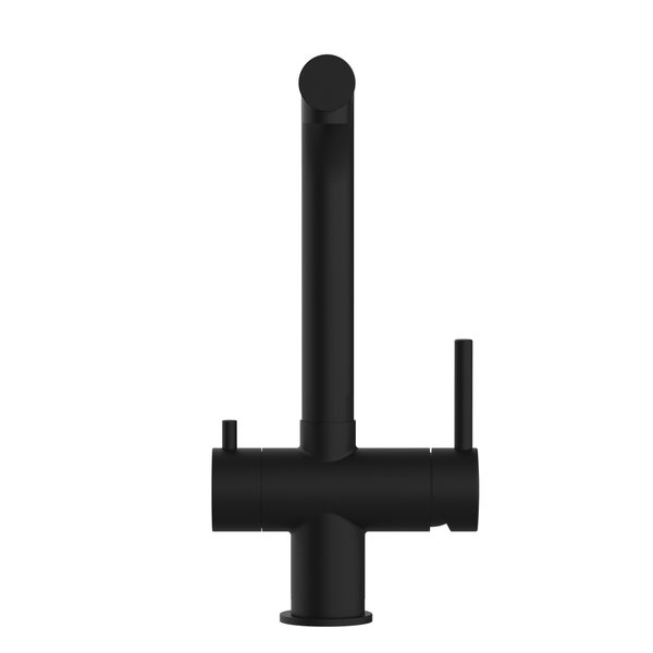 Schwarze Küchenarmatur mit hohem Auslauf und zwei Griffen.