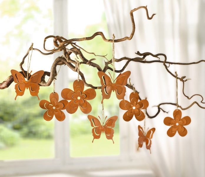 FRANK FLECHTWAREN | Hänger Rostoptik, 8er Set, METALL, Blume Ø 8 cm, Schmetterling Ø 9 cm