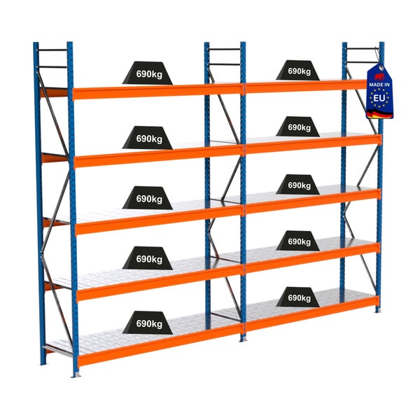 Lagerregal mit sechs Regalböden und einer Traglast von 690 Kilogramm pro Boden, Made in EU Siegel