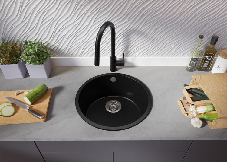 PRIMAGRAN Spülbecken Rund Schwarz 46x46cm, Granitspüle 1 Becken + Ablauf-Set, Küchenspüle ab 50er Unterschrank - Valletta Slim