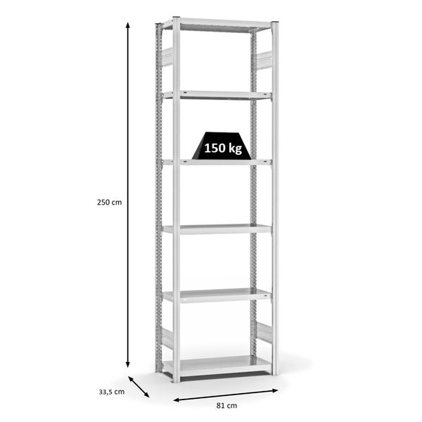 PROREGAL Fachbodenregal Stecksystem T-Profil Light-Duty Grundregal HxBxT 250 x 75 x 30 cm 6 Ebenen Fachlast 150 kg Beidseitig Nutzbar Lichtgrau