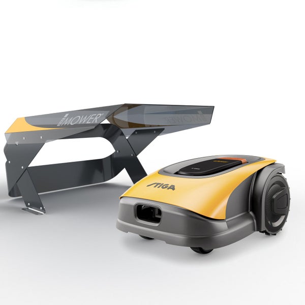 Gelber und grauer Robotermäher mit passendem Unterstand