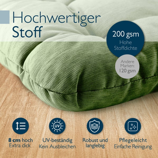 Detailansicht eines grünen Sitzkissens mit den Hinweisen: 8 cm hoch, besonders dick, UV-beständig, kein Ausbleichen, robust und langlebig, pflegeleicht, einfache Reinigung, 200 Gramm pro Quadratmeter, hohe Stoffdichte