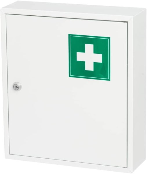 JUNG Tarmo Medizinschrank, abschließbar, groß 32x36 cm, Medikamentenschrank aus Metall, Weiß, Hausapotheke Box mit Erste-Hilfe Kennzeichnung gemäß DIN 4844/E003