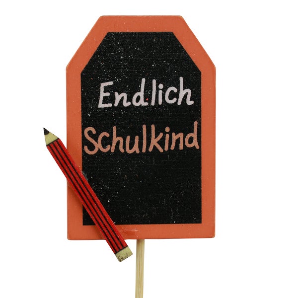Schiefertafel mit der Aufschrift Endlich Schulkind und einem Stift