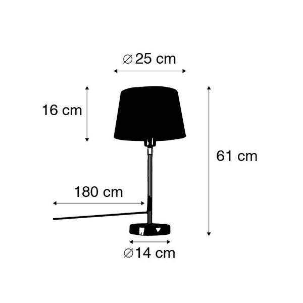 Technische Zeichnung einer Tischleuchte mit den Maßen: Höhe 61 cm, Durchmesser Lampenschirm 25 cm, Höhe Lampenschirm 16 cm, Durchmesser Sockel 14 cm und Kabellänge 180 cm.