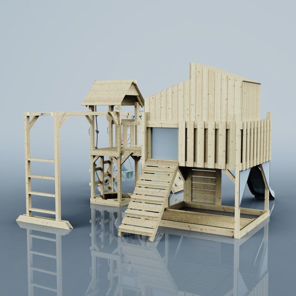 Holzspielturm mit Rutsche, Kletterwand, Schaukel und Sandkasten für den Garten