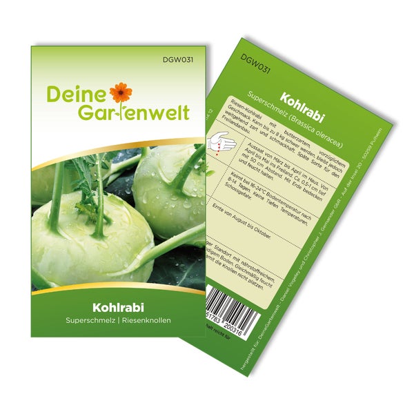 Samenpackung für Kohlrabi Superschmelz, Sorte Riesenknollen, Marke Deine Gartenwelt, Vorder- und Rückseite mit Kulturanleitung.
