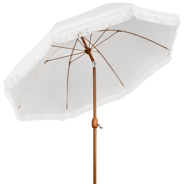 Weißer Sonnenschirm mit Fransen und Holzständer