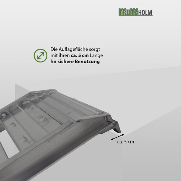 Detailaufnahme einer Aluminiumrampe von TrutzHolm, die eine circa 5 cm lange Auflagefläche für sichere Nutzung bietet