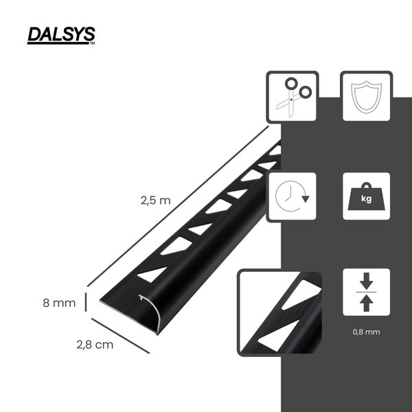 DALSYS Viertelkreisprofil für Fliesen, 8 Millimeter hoch, 2,5 Meter lang, 0,8 Millimeter Materialstärke, langlebig, einfach zu schneiden.