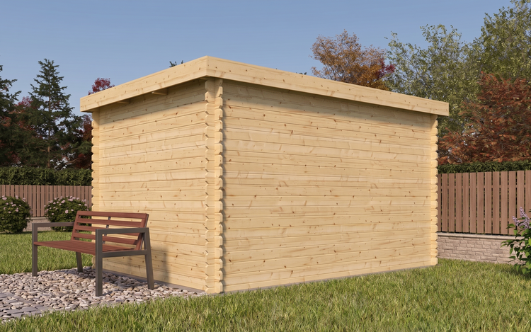 Modernes Gartenhaus aus Holz mit Flachdach in einem Garten neben einer Bank auf einer Rasenfläche.