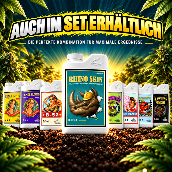 Dünger Set von Advanced Nutrients mit Rhino Skin und weiteren Flaschen für die Pflanzenzucht.