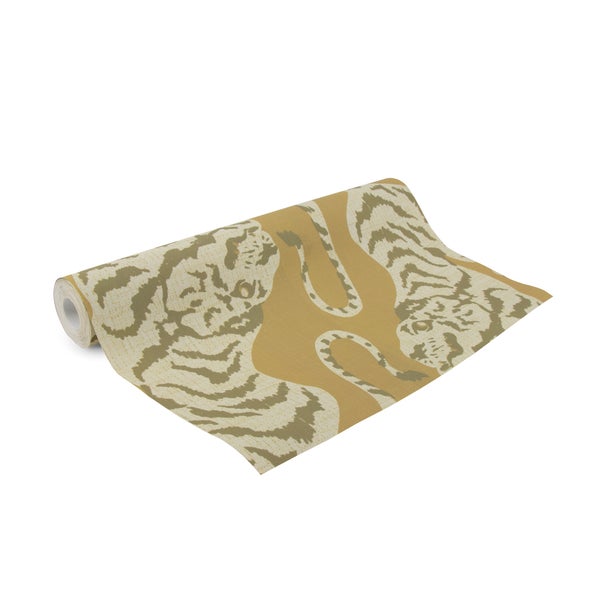 Tapetenrolle mit Tigermotiv in sandfarbenen Tönen.