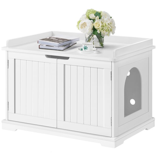 Hzuaneri Katzenschrank Mit Katzenklo-Versteck – Inkl. LED-Licht, Fernbedienung, 68x48x74 Cm, Weiß – Für Große Katzen