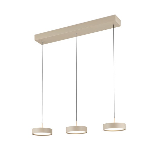 Moderne dreiflammige LED Pendelleuchte mit runden Leuchtköpfen an einer rechteckigen Deckenbefestigung