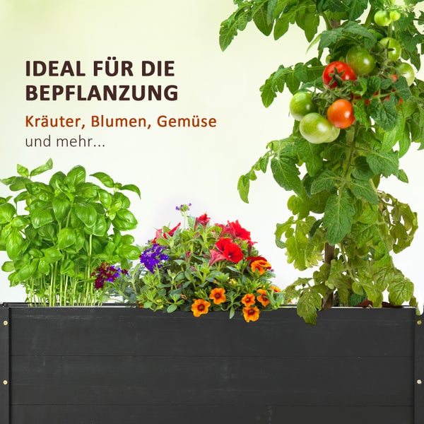 Schwarzer Pflanzkasten aus Holz mit Rädern und Blumen bepflanzt