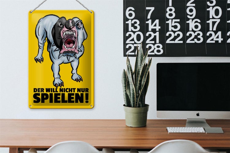 Blechschild Spruch 20x30cm Der will nicht nur spielen Hund