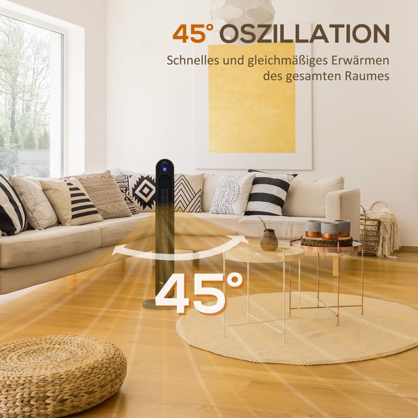 Moderner Turmheizkörper im Wohnzimmer mit 45 Grad Oszillation für gleichmäßige Wärme im hellen Raum.