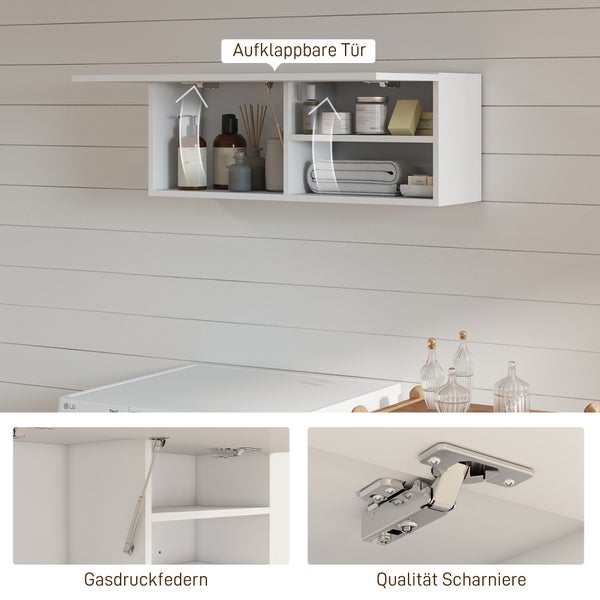 Weißer Wandhängeschrank mit Klapptür in einer organisierten Küche mit Mikrowelle, Vorratsdosen und Olivenzweig.