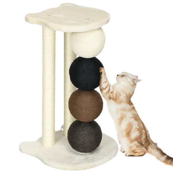 PawHut Kratzsäule für Katzen, Katzenkratzbaum Kratzbaum mit Plattform, Kratzstamm mit 2 Sisalpfosten und 4 Sisalbällen, Katzenkratzer Spielzeug, 38 x 38 x 64 cm