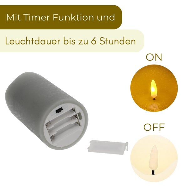 LED Stumpenkerze mit Timer Funktion und 6 Stunden Leuchtdauer, batteriebetrieben inklusive Batteriefach und Ein Aus Schalter