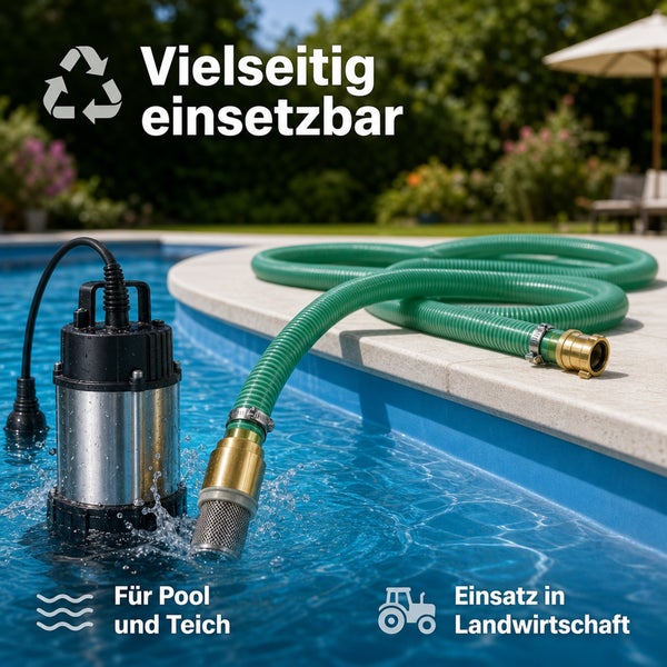 Tauchpumpe in einem Swimmingpool mit angeschlossenem Schlauch für den Einsatz in Garten, Teich und Landwirtschaft.